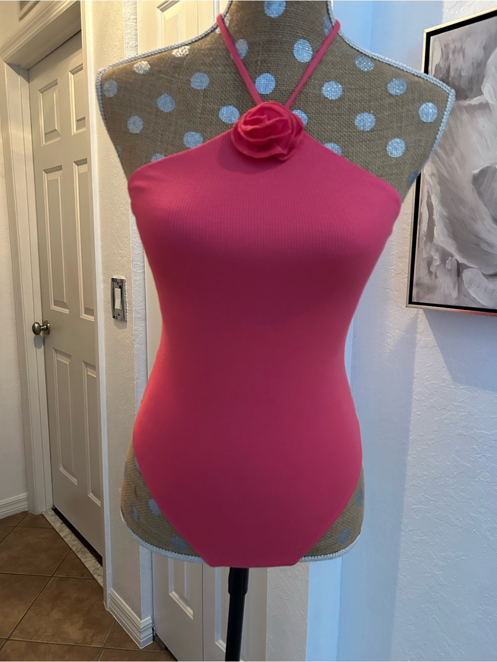 Women’s Hot Pink Halter Rose-Accent Bodysuit